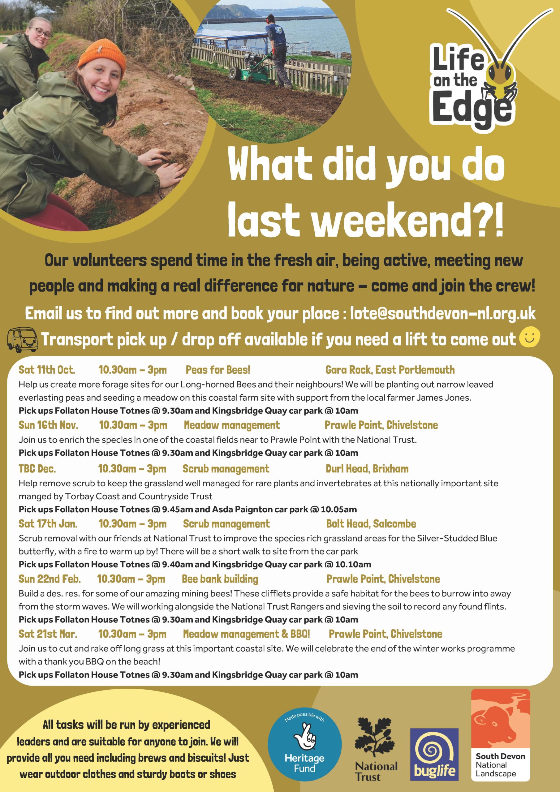 Flyer listing Life on the Edge project volunteer activities Jun-August 2025