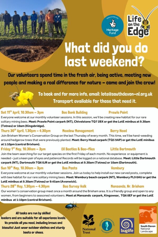 Flyer listing Life on the Edge project volunteer activities April to May 2026