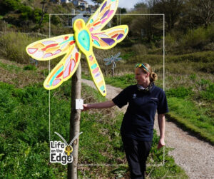A young woman stands in front of a dragonfly sculpture and points at it's sign.