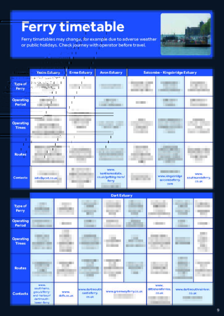 Image of ferry timetable from Explorer 2026 brochure. Ferries are listed by estuary, including operating periods and routes.