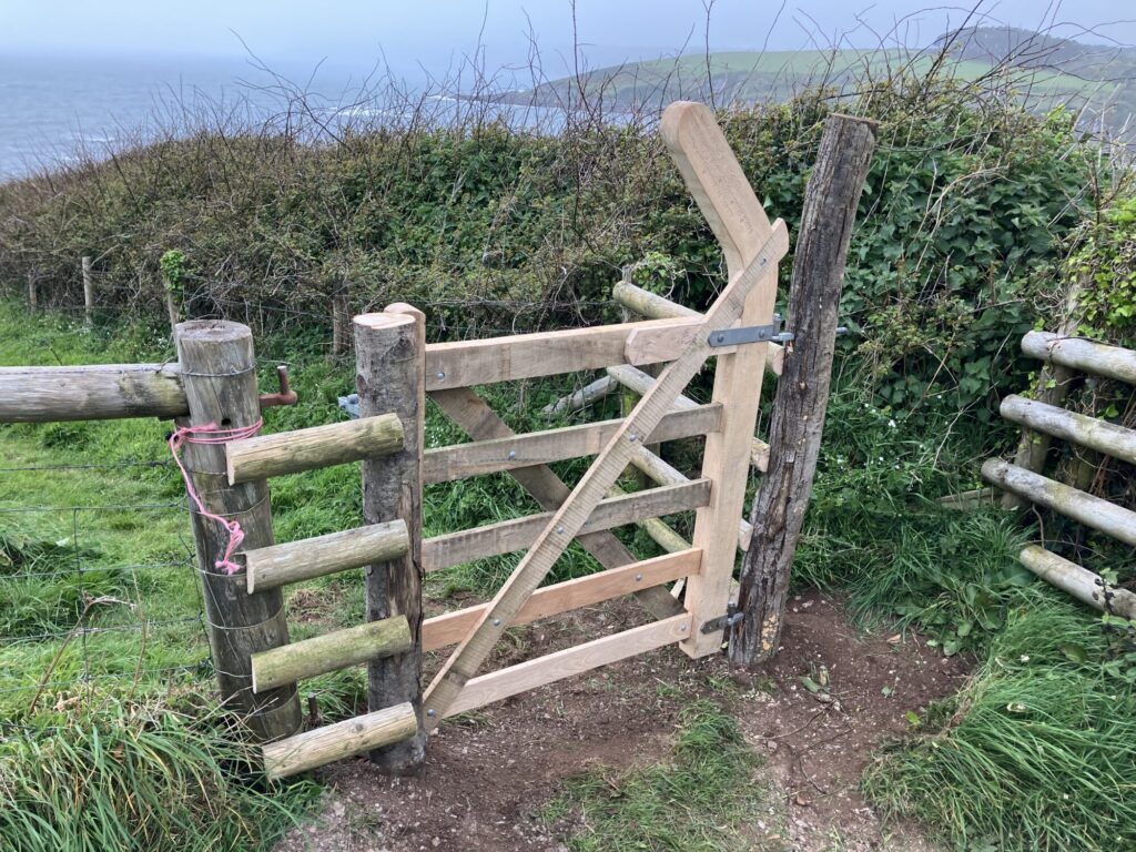 A newly-installed gate on a footpath heading down the side of a field towards the sea