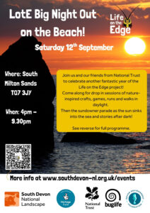 Page 1 of a leaflet advertising Big Night Out On The Beach. Photo of sunset over the sea with large rocks in the foreground with text over giving date of event and a synopsis of the event.