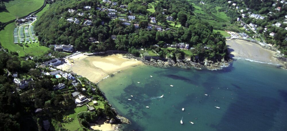 ariel view of two beaches on an estuary