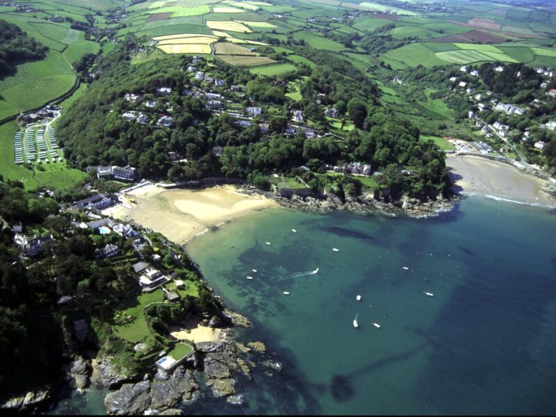 ariel view of two beaches on an estuary