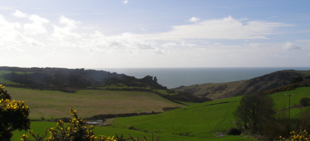 view over fields to coast with gorse hedge in foreground and rocky outcrops in background